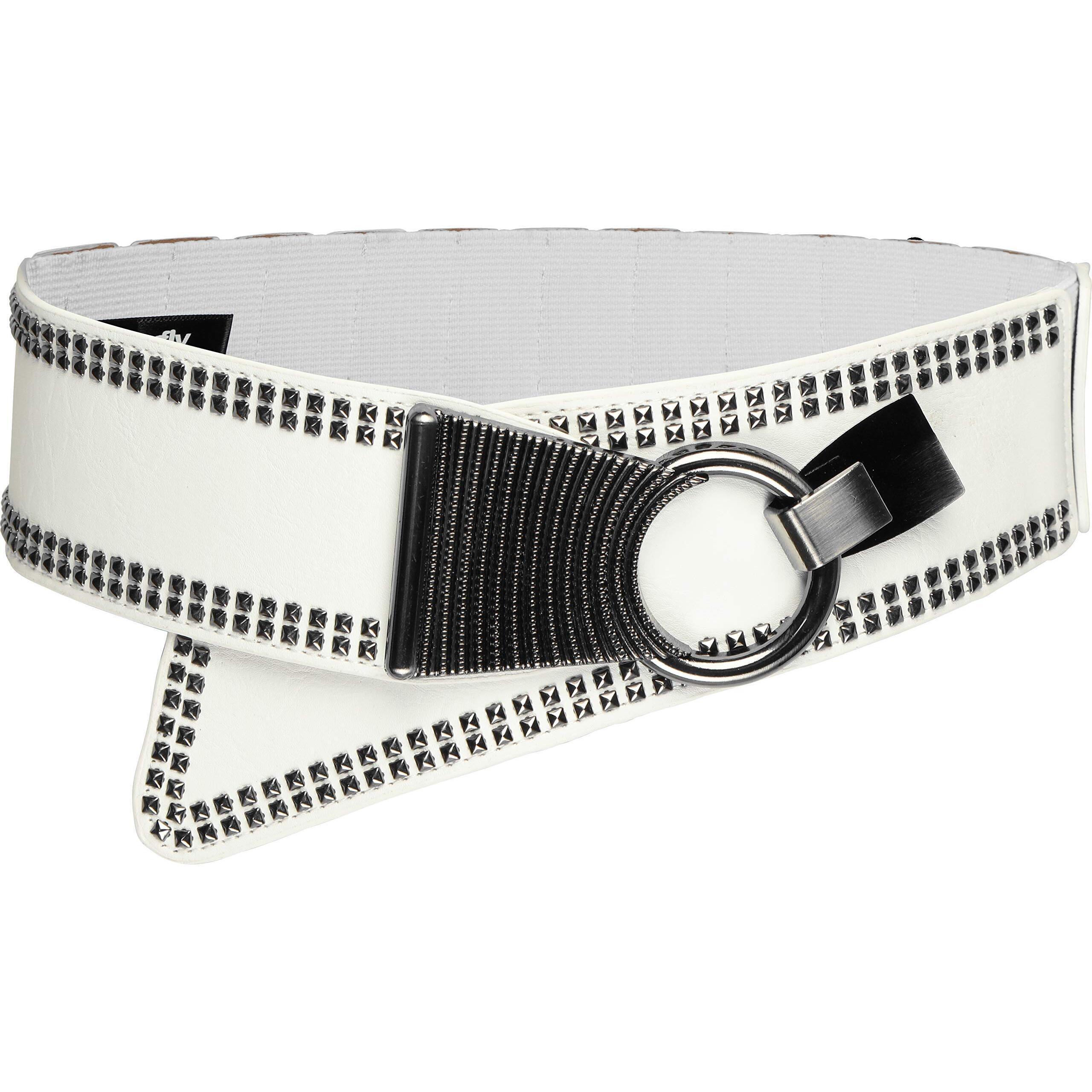 6942 Wide Elastic Stretch Retro Metal Interlock Buckle Belt (White
